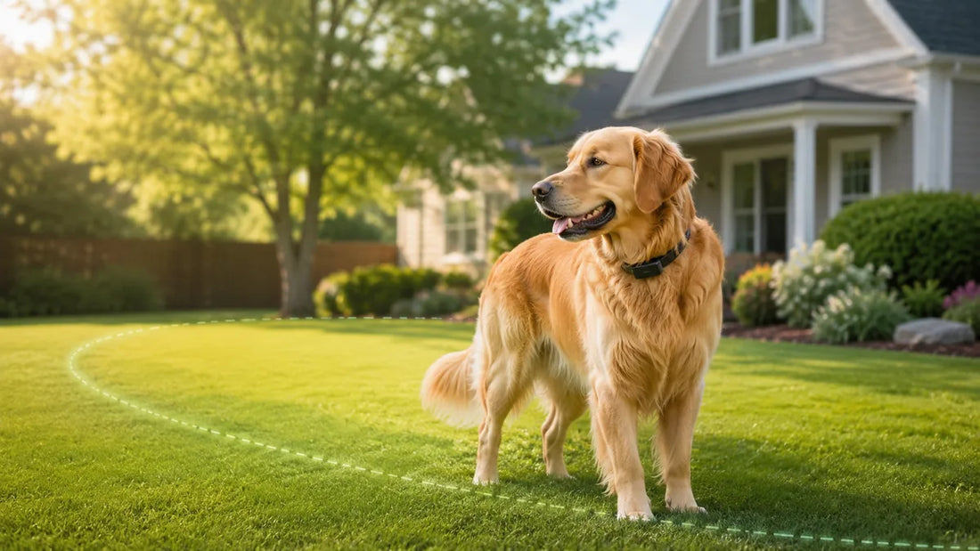 Golden retriever wearing a GPS dog fence collar inside a virtual safe zone outdoors
