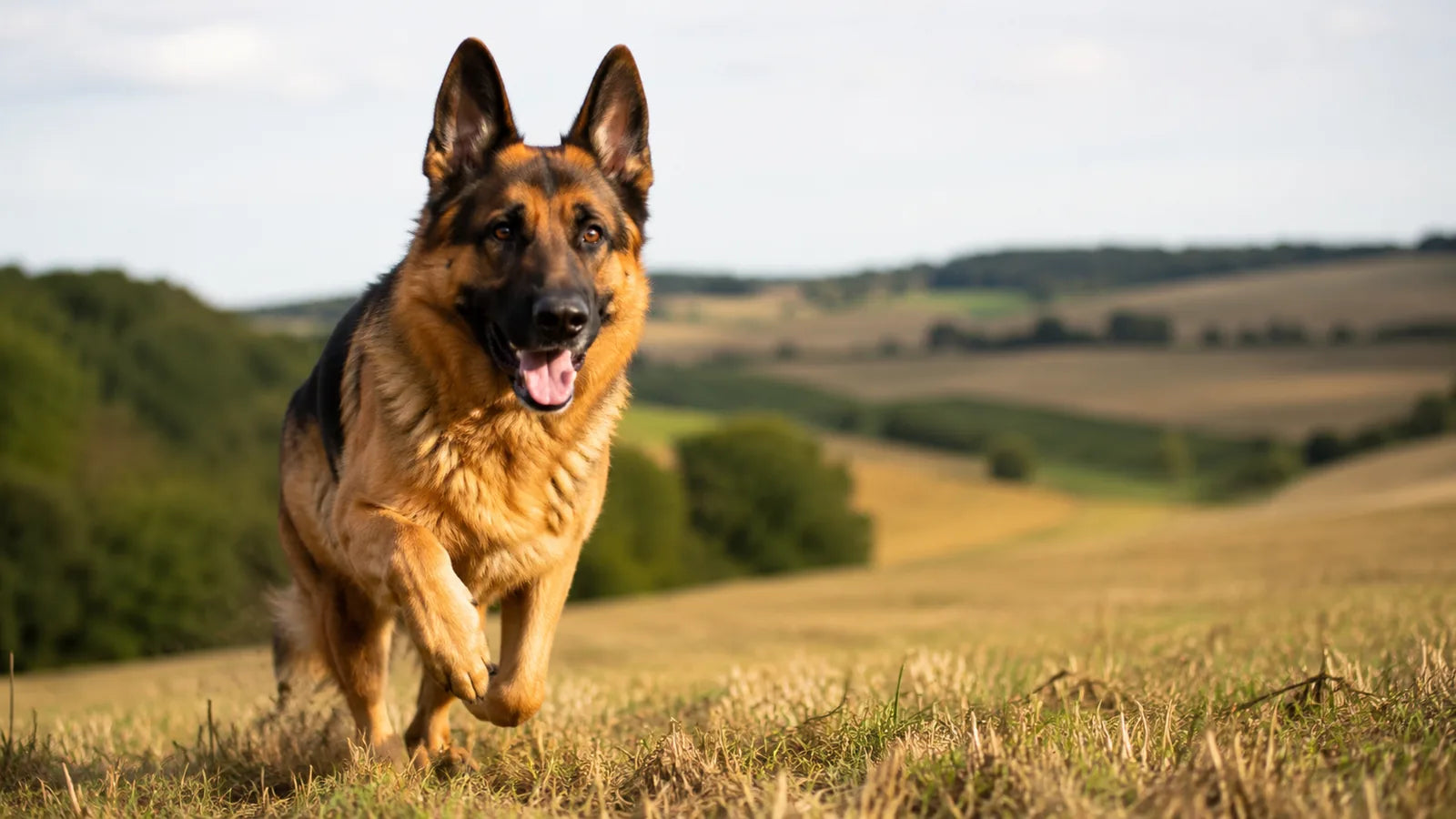 German Shepherd running through an open field