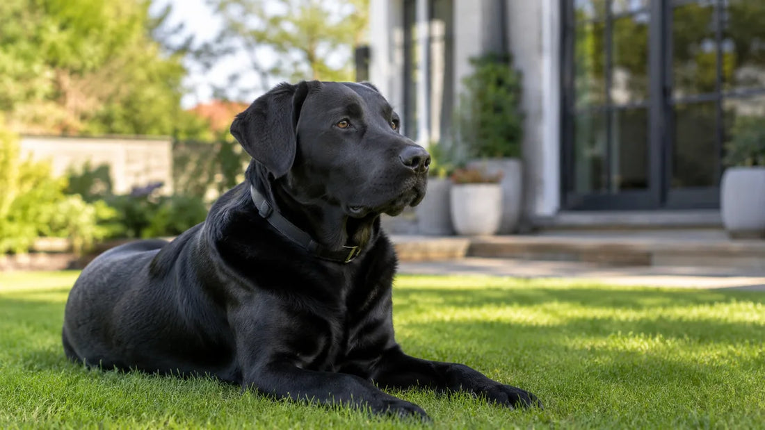 Black Labrador wearing a GPS collar in a sunny backyard