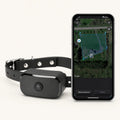 gps dog fence collar and smartphone displaying a map on a white background
