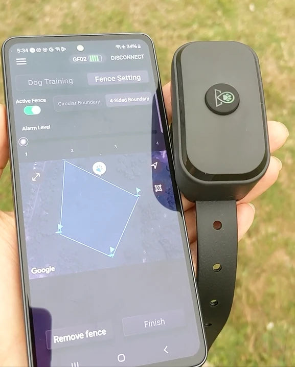 ZoomieGo GF02 GPS dog fence collar triggers an out-of-boundary alarm when a user tests it outside the custom safe zone.