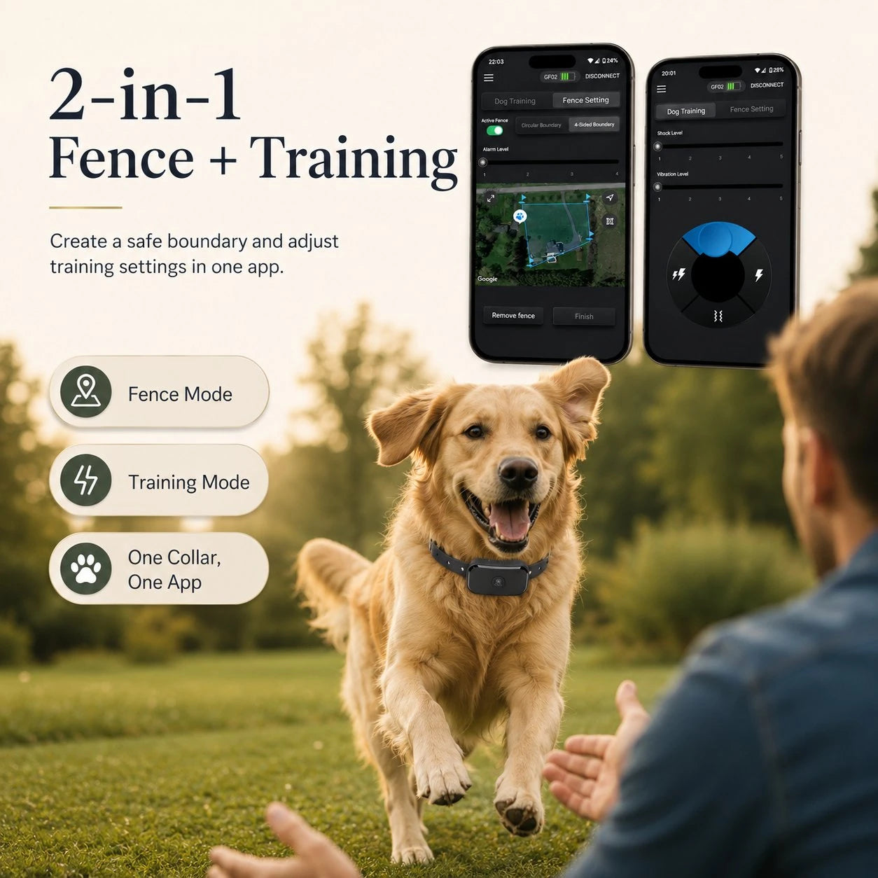 GF02e 2-in-1 GPS dog fence and training collar with app controls