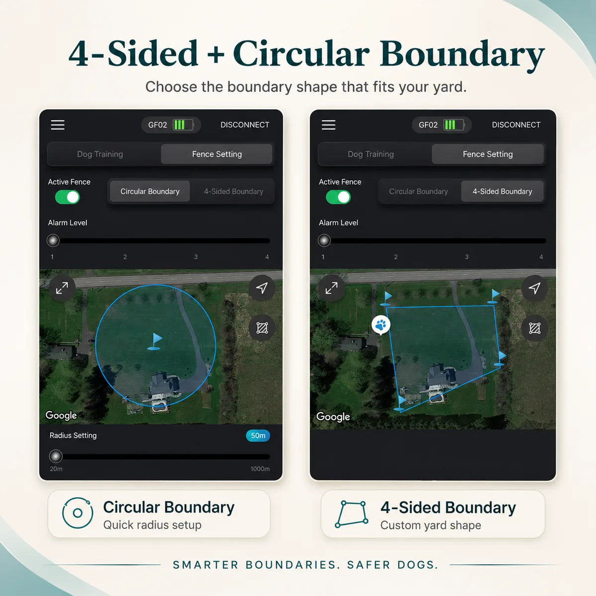 GF02e app showing 4-sided and circular GPS dog fence boundary options