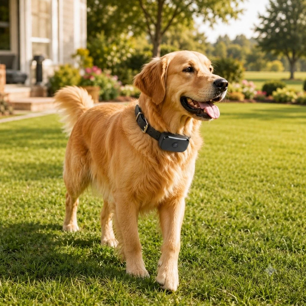 Happy dog wearing a GPS dog fence collar in a sunny backyard