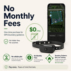 GF02e GPS dog fence showing no monthly fees and boundary guidance
