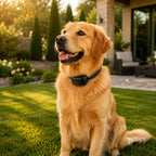 Dog wearing GF03 GPS dog fence collar in a premium backyard