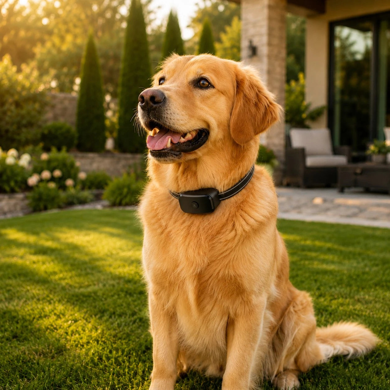 Dog wearing GF03 GPS dog fence collar in a premium backyard