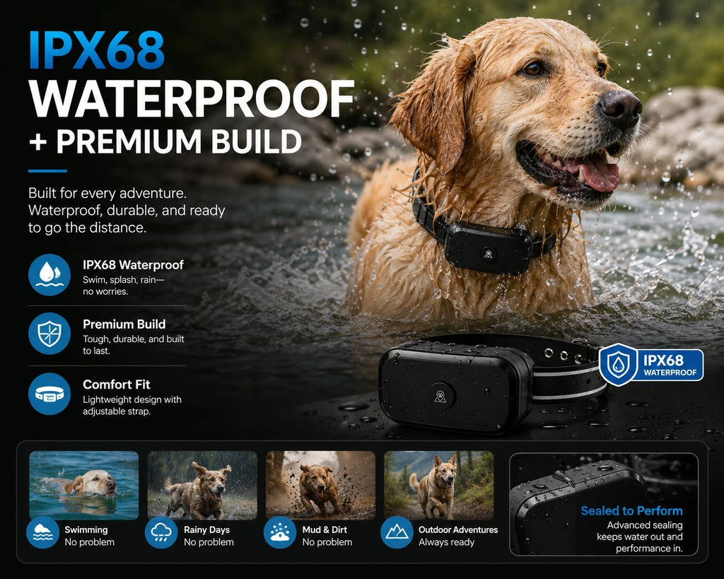 Dog wearing GF03 IPX68 waterproof GPS dog fence collar outdoors