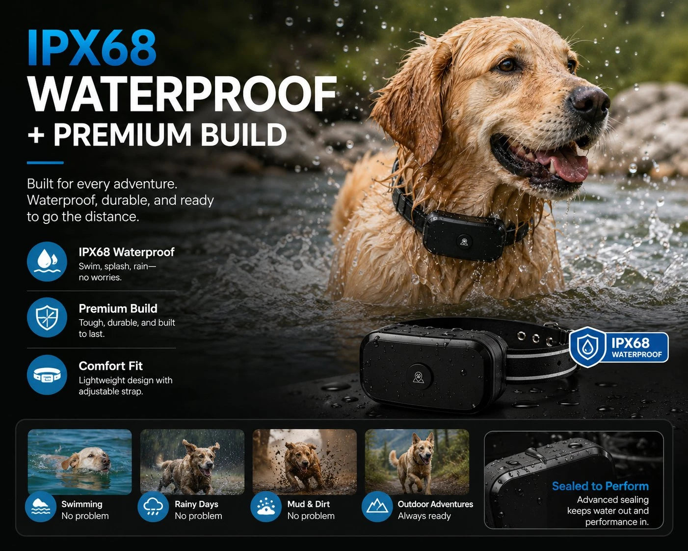 Dog wearing GF03 IPX68 waterproof GPS dog fence collar outdoors